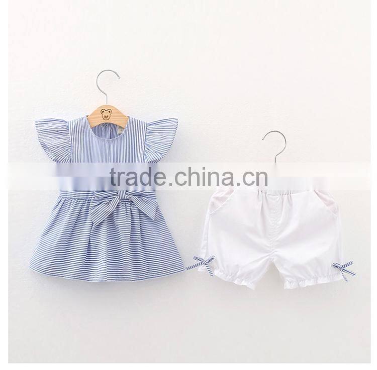 Child 2017 summer new Korean fashion outfit 2pcs set baby flutter sleeve dress white shorts cotton clothing for children