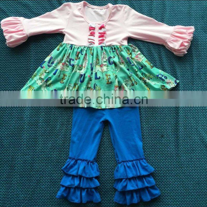 2015 ney style puff sleeve pink top with bib carousel dress and solid blue ruffle pants YW-193