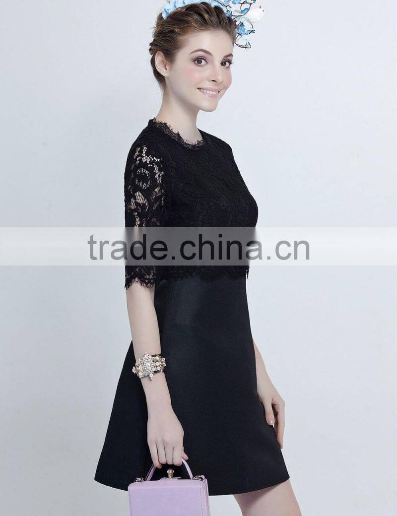 Fashion solid color round neck black,white lace spring dress