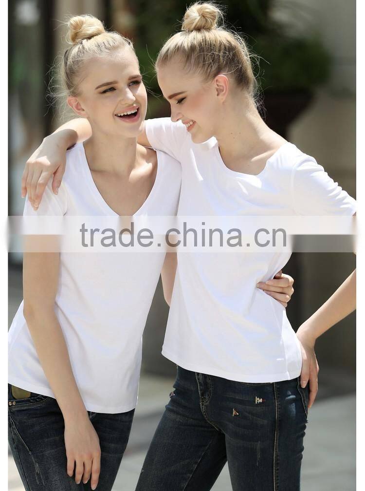 Womens V-neck silk cotton custom white t shirt top quality
