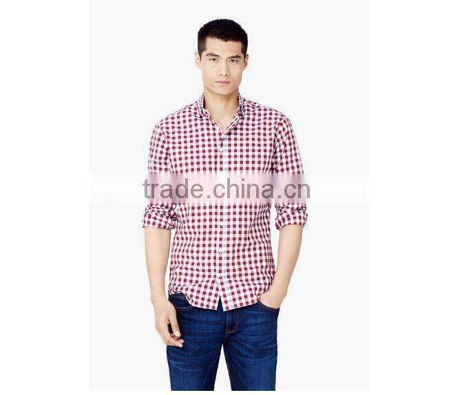 Slim-fit white button round bottom ginghim check cotton shirt from the casual collection