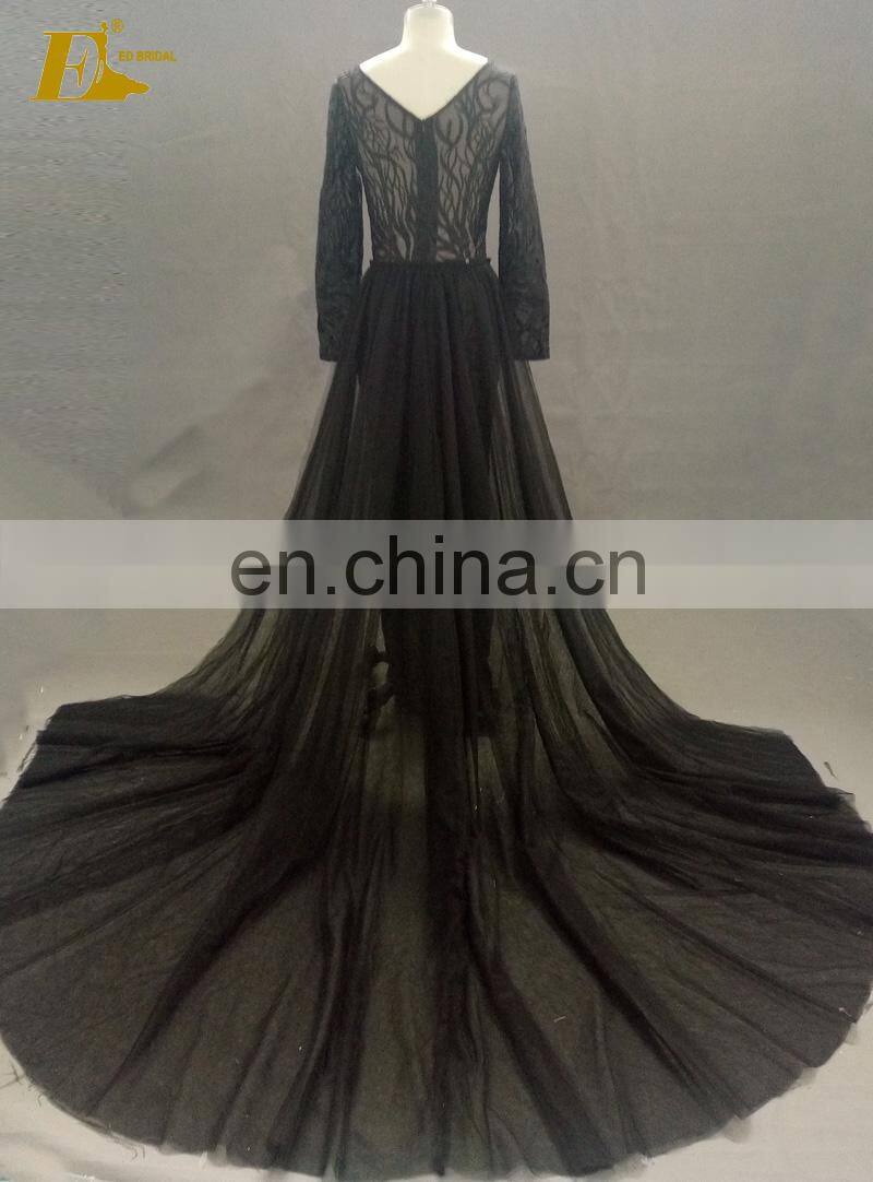 Sexy See Through Black Lace Mermaid Evening Dress With Detachable Train