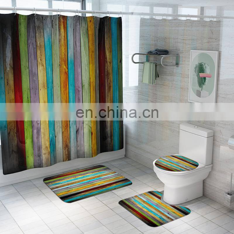 Polyester Wooden Transfer Printed Shower Curtain Lid Toilet Cover Bath Mat Rug with Hooks