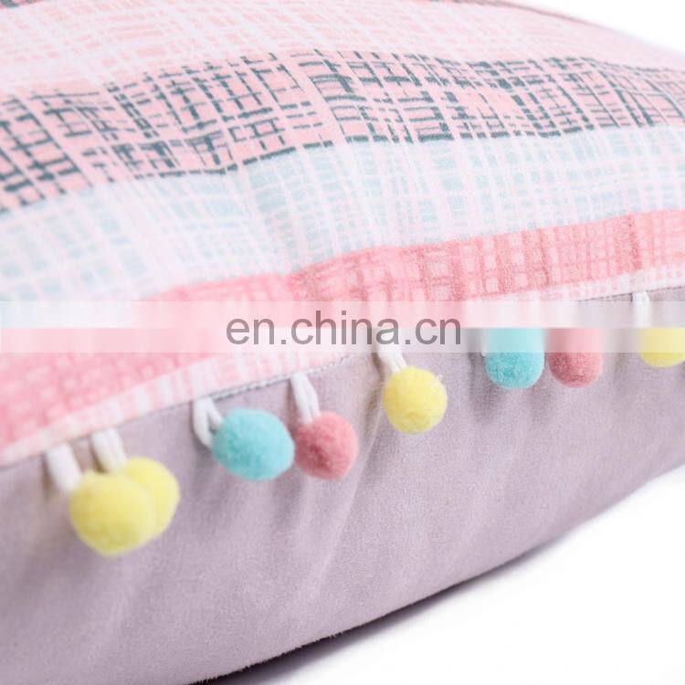 Pink stripe printed cute colorful pompom home indoor decorative throw pillows/cushion