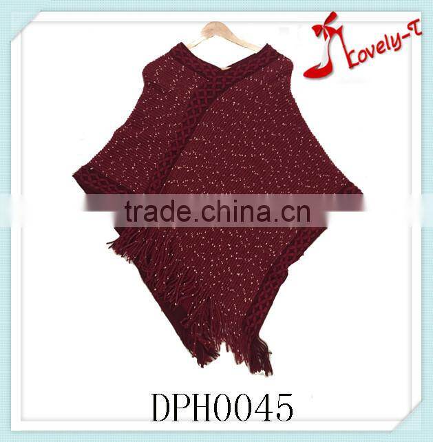 Wholesale latest design women crimson shining crochet knit women pullover poncho sweater