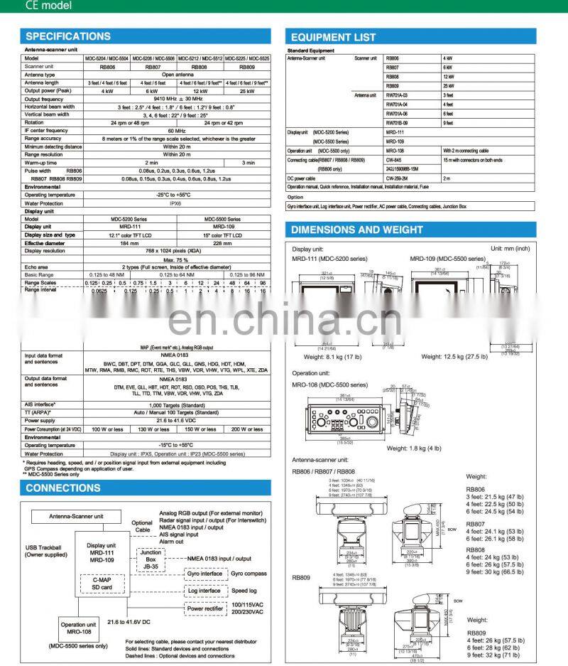 Marine electronics navigation communication koden MDC-5220 5225 96NM 25KW 12.1'' open array antenna X BAND vessel marine radar