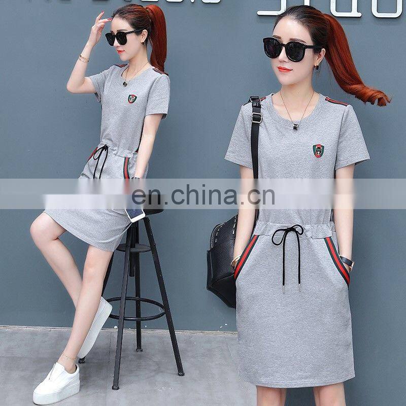 Factory source stock large size women's dress with waist slimming slimming mid-length fashion short-sleeved dress