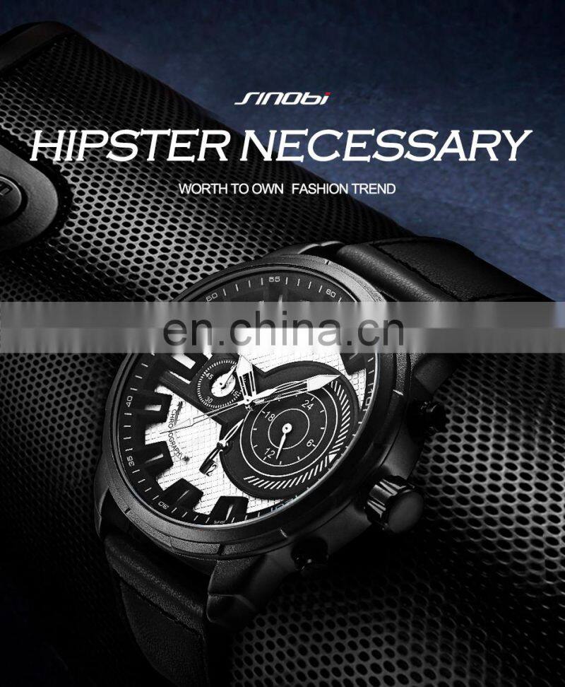 SINOBI Chronograph Men's Watch Calendar Date Function Luminous Soft Leather Band Quartz Watches S9786G Jam Tangan