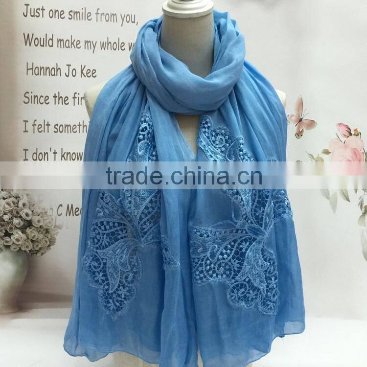 2016 Latest Charm Beautiful Hollow Out Butterfly Embroidery Plain Cotton Linen Scarf