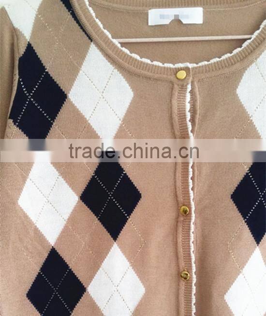 Casual knitting wear wholesale geometric argyle long sleeve women cardigan