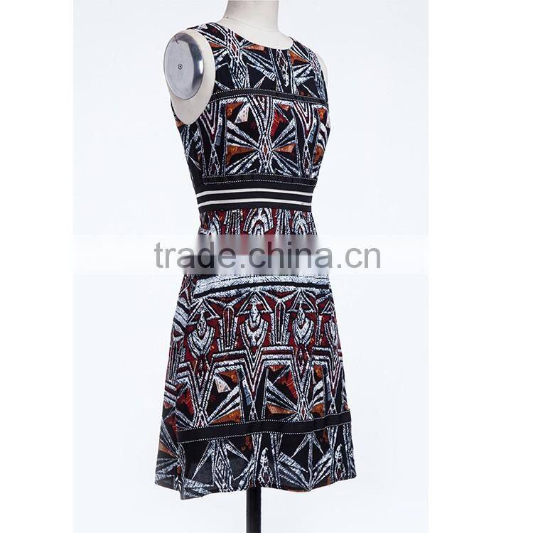 2016 latest designs one piece sleeveless O-neck printed slim fit casual vintage dress