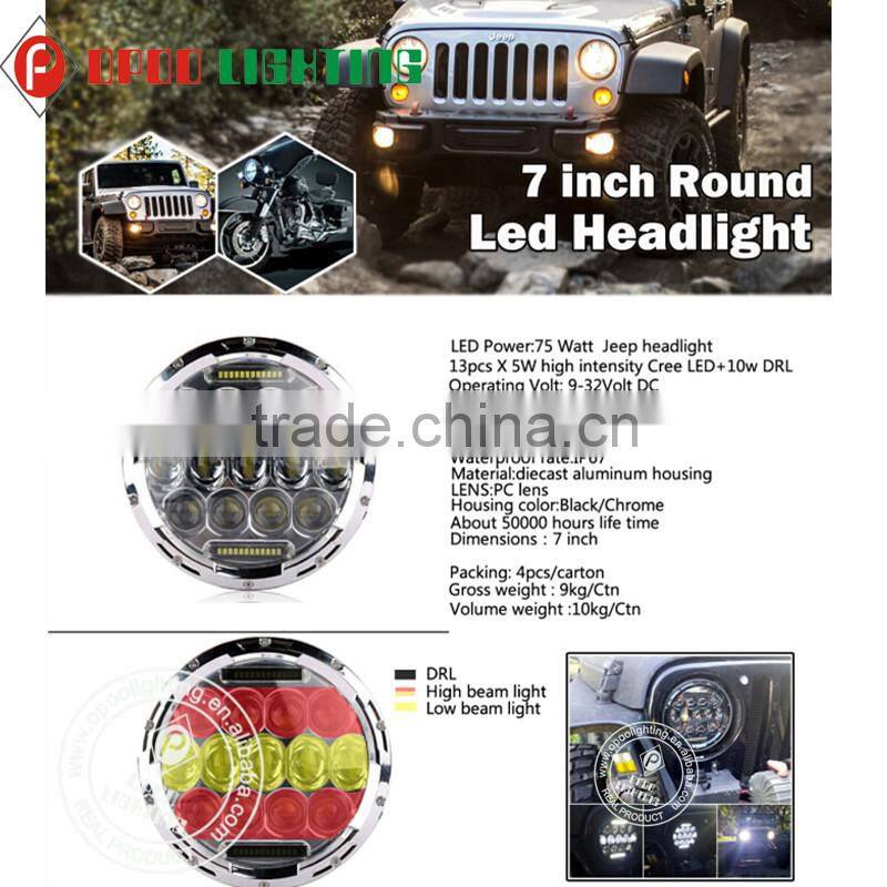 Sealed beam jeep headlight,75w 7 inch Round Led jeep headlight