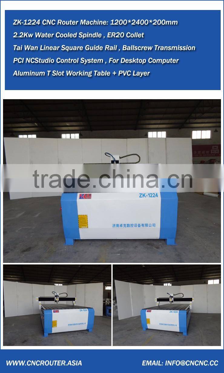 Best Price CNC Router Machine 1224 China With PCI NCStudio Control 2200W Water Cooled Spindle 1200*2400mm ZK-1224 CE Approval