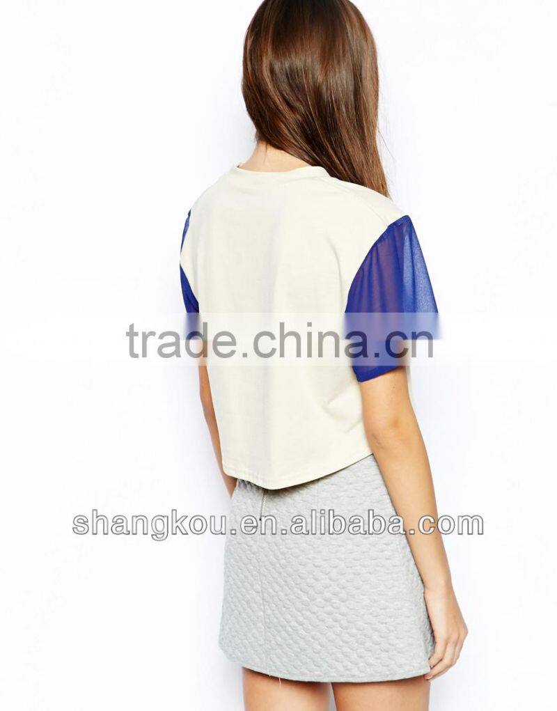 2014 ladies fashion dip back crop t-shirts with sheer sleeve