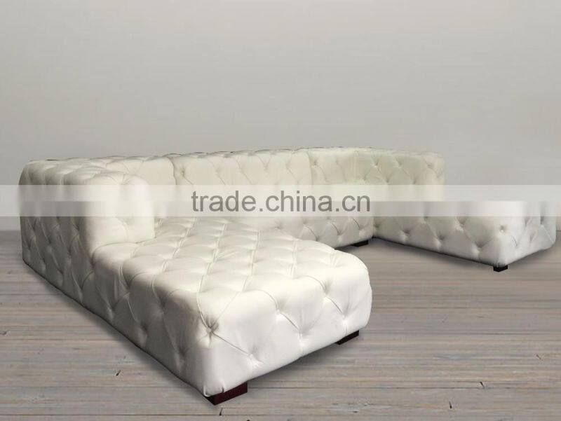 Retro Button Tufted White Genuine Leather Sofa/ U-Shaped Classic Chesterfield Couch Sofa/ American Hot-Sale Living Room Sofa