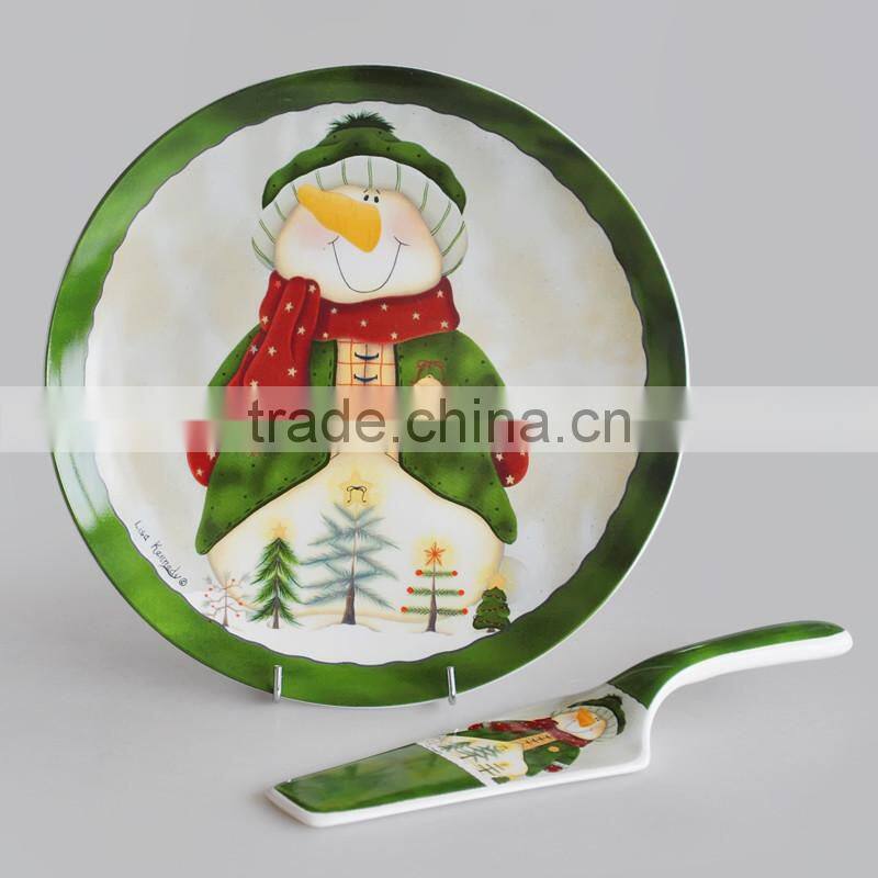 12" porcelain cake plate with server,ceramic plate with server,porcelain Christmas plate