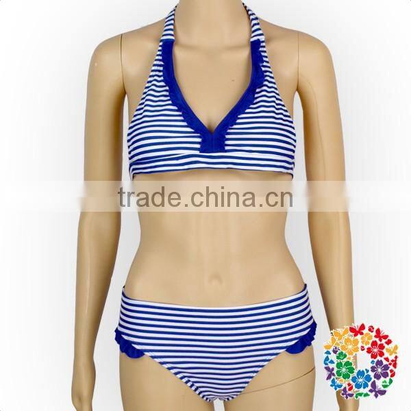 Women Blue Stripe Halter Swimsuit Beachwear Custom Bikini Swimwear