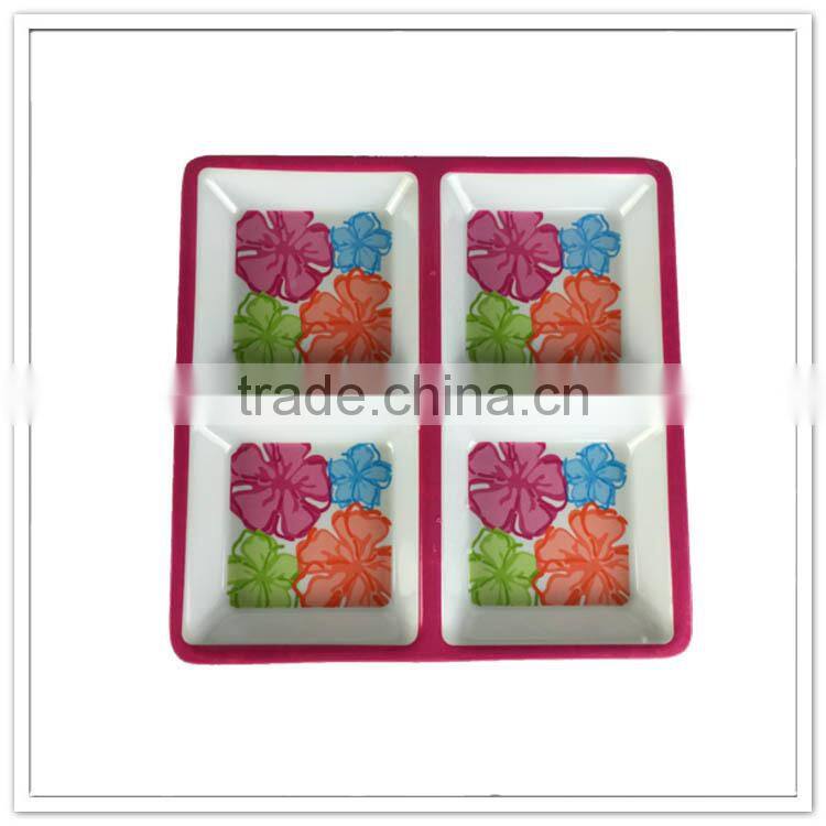 Beautiful daily used dip bowls, flower 4 sections square melamine plate