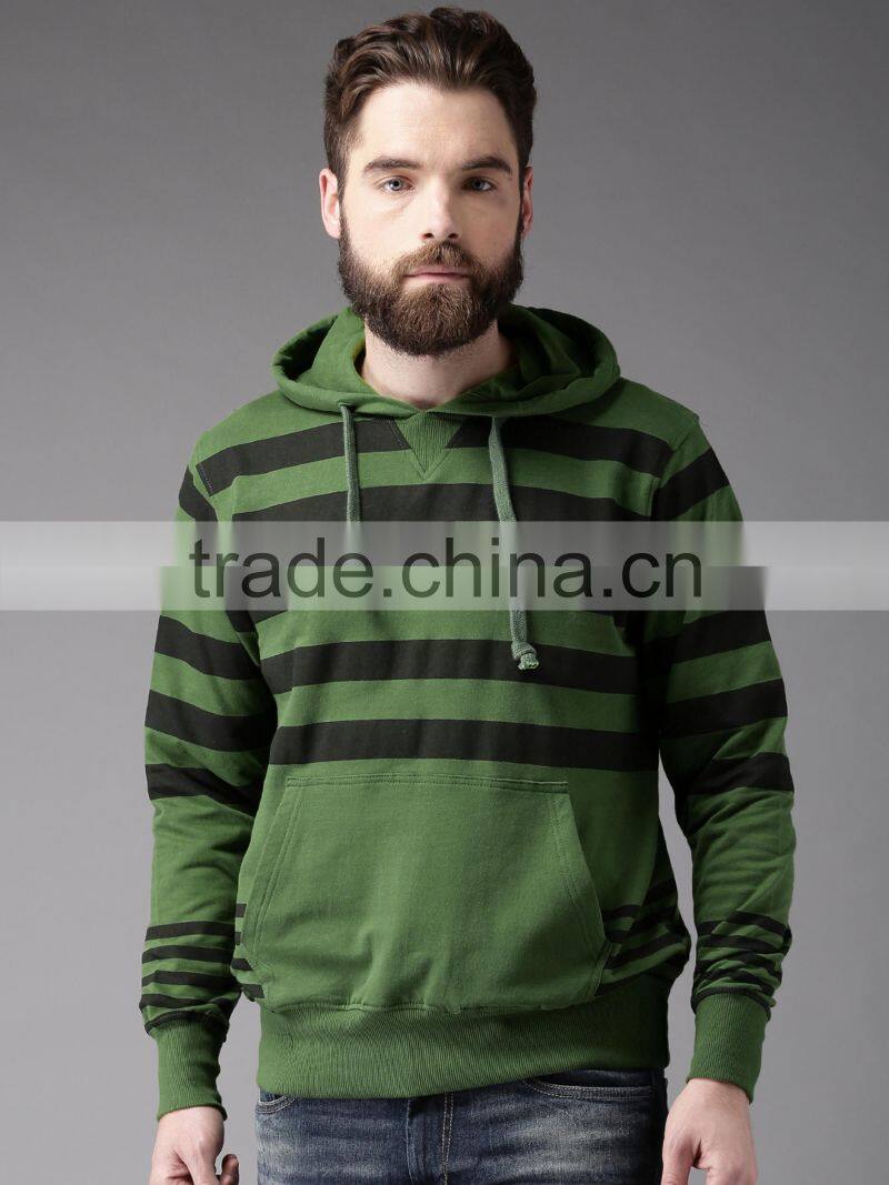 Green Black Striped Hooded Sweatshirt Custom Wholesale Long Sleeves Kangaroo Pocket Ribbed Hem Sweater 60% Cotton 40% Polyester