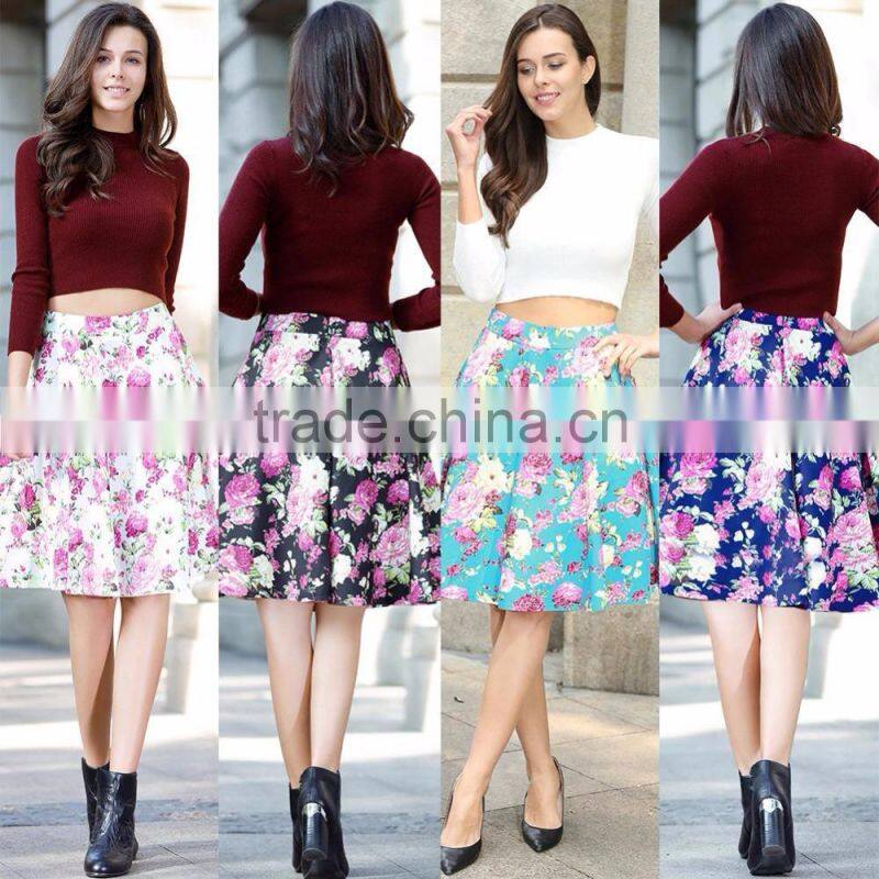 Z&M Women Floral Print Vintage Pleated Fashion Skirt
