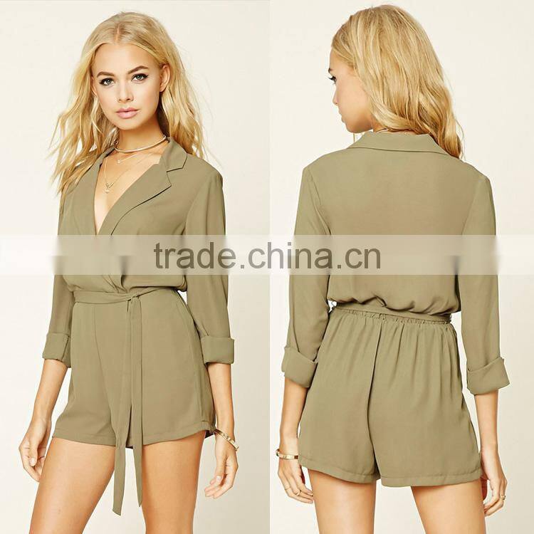 Wholesale custom fashion long sleene army green chiffon jumpsuits women romper