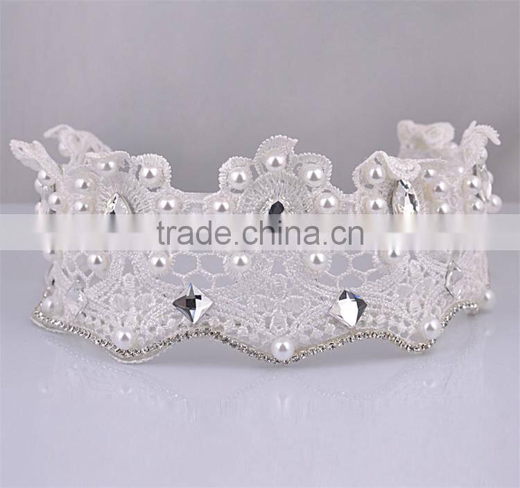 Flowers Lace Crown with Pearls Rhinestones Bridal Hair Accessories