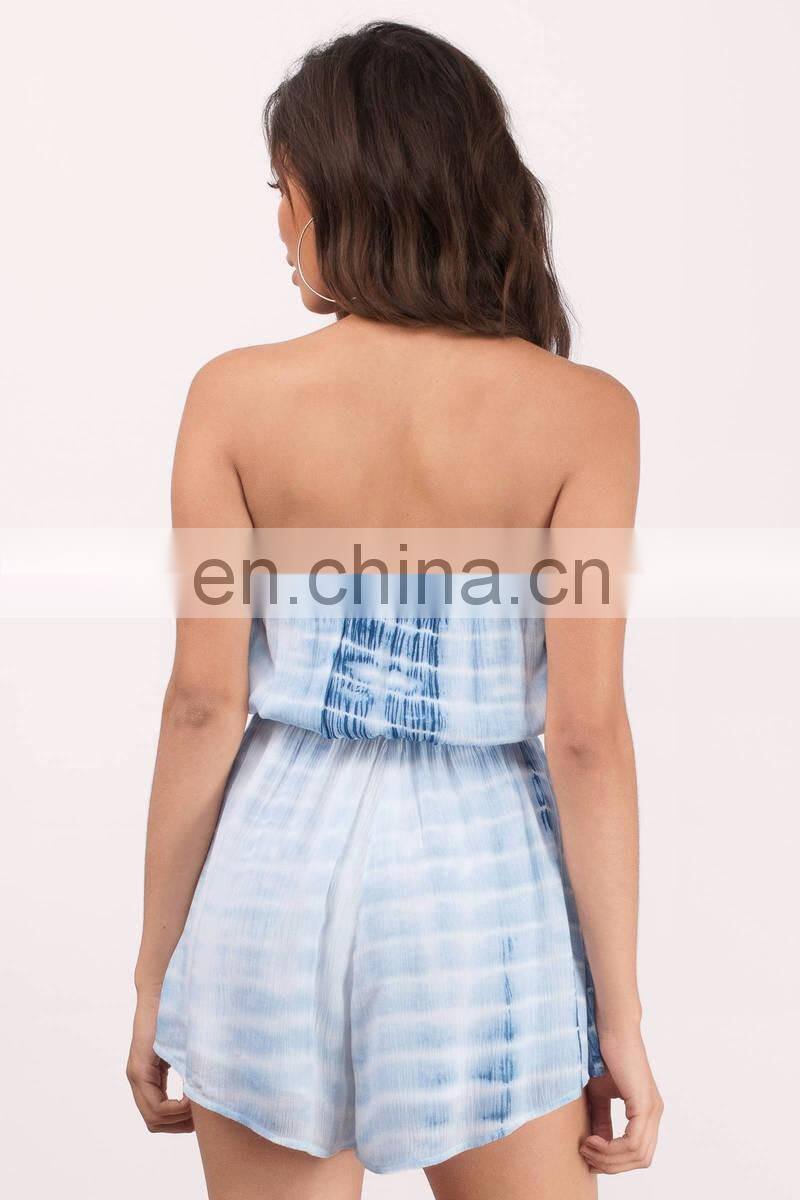 Fashion Strapless Light Blue Tie Dye Romper Lady