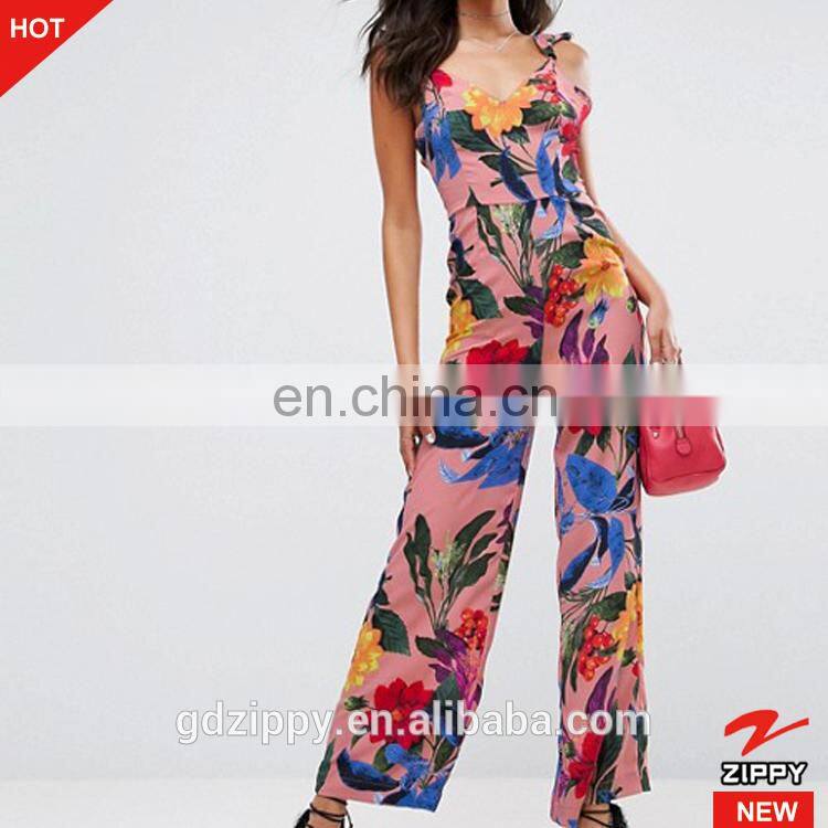2017 new fashion summer beach Tie Back Floral pink Print ladies casual Ruffle long women Jumpsuit