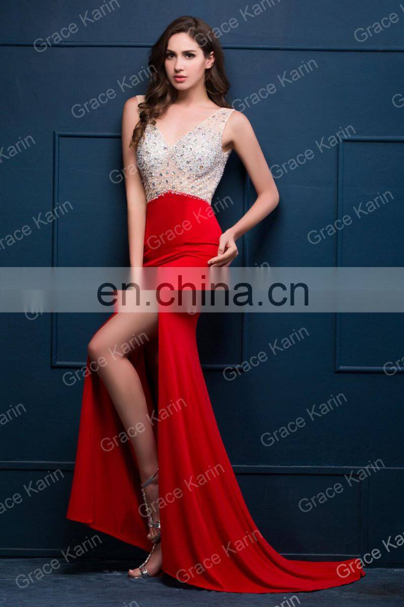 Grace Karin Women Sexy Backless V-Neck High-Split Shining Rhinestone Sequins Red Long Prom Dresses CL008914-1