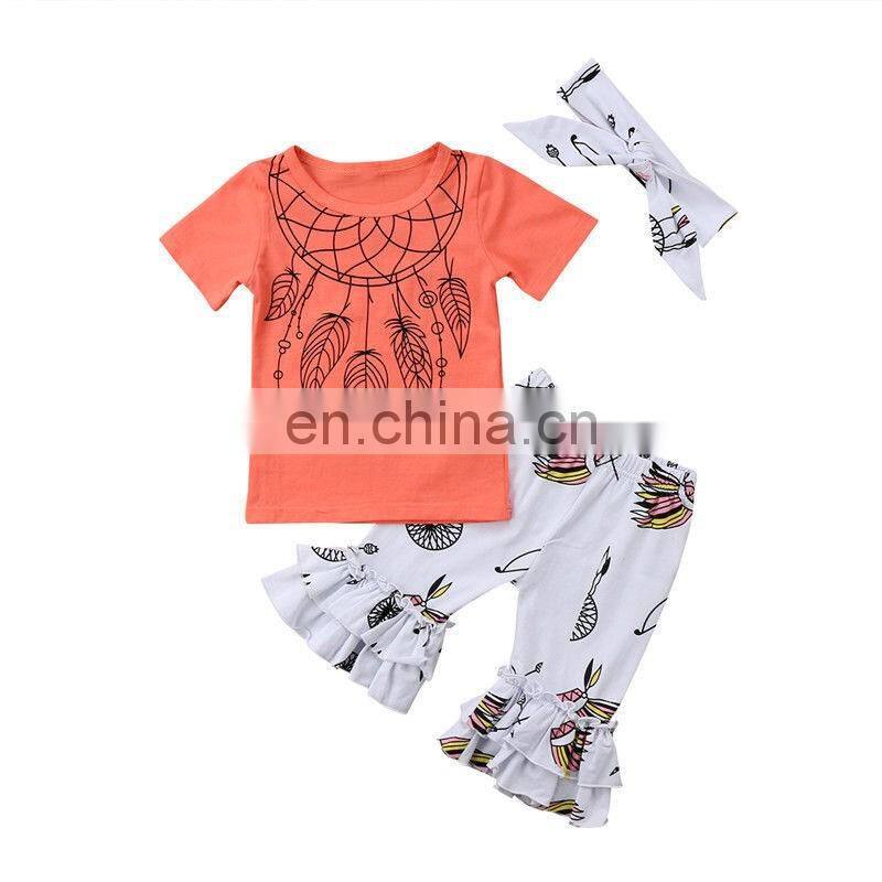 New Fashion Baby Girl Back To School Sets Cotton Aeolian Bells Printed Ruffle Kids Girl Boutique Outfits