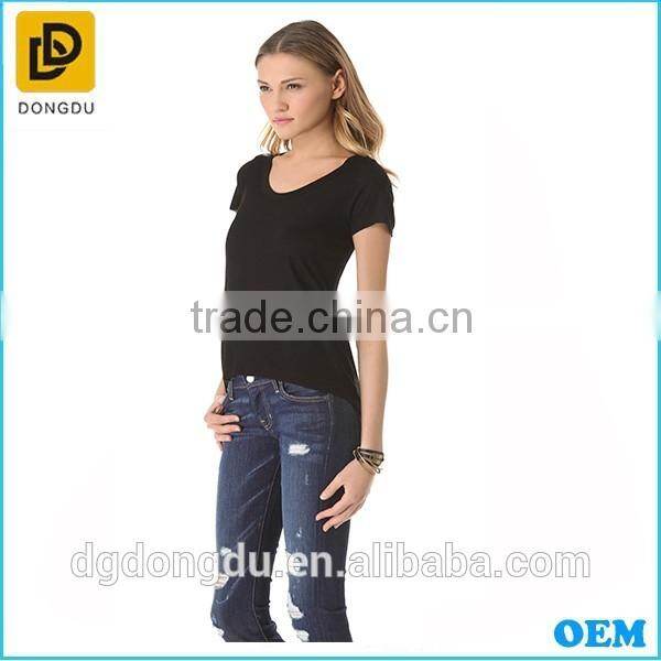 Lady Casual Fashion Black Rib Short Sleeve T-shirt 2016