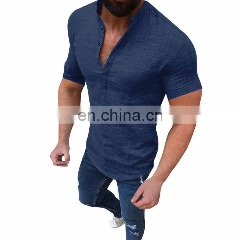 New Summer Men Fashion Cotton Linen Button-down Shirt Short Sleeve Mandarin Collar Solid Color Casual Tops