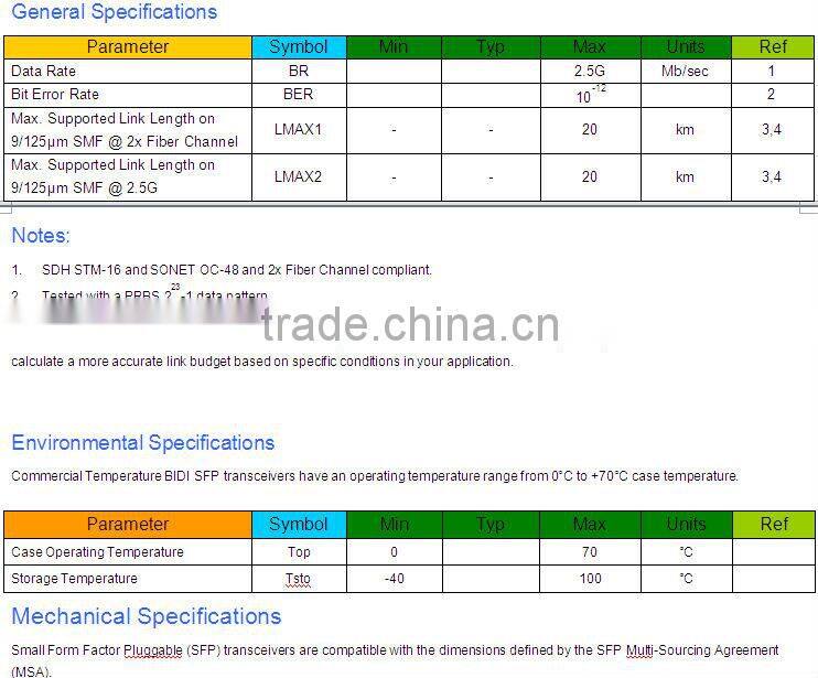 2.5G 1310nm 20Km SFP Transceiver with Hot-pluggable SFP footprint