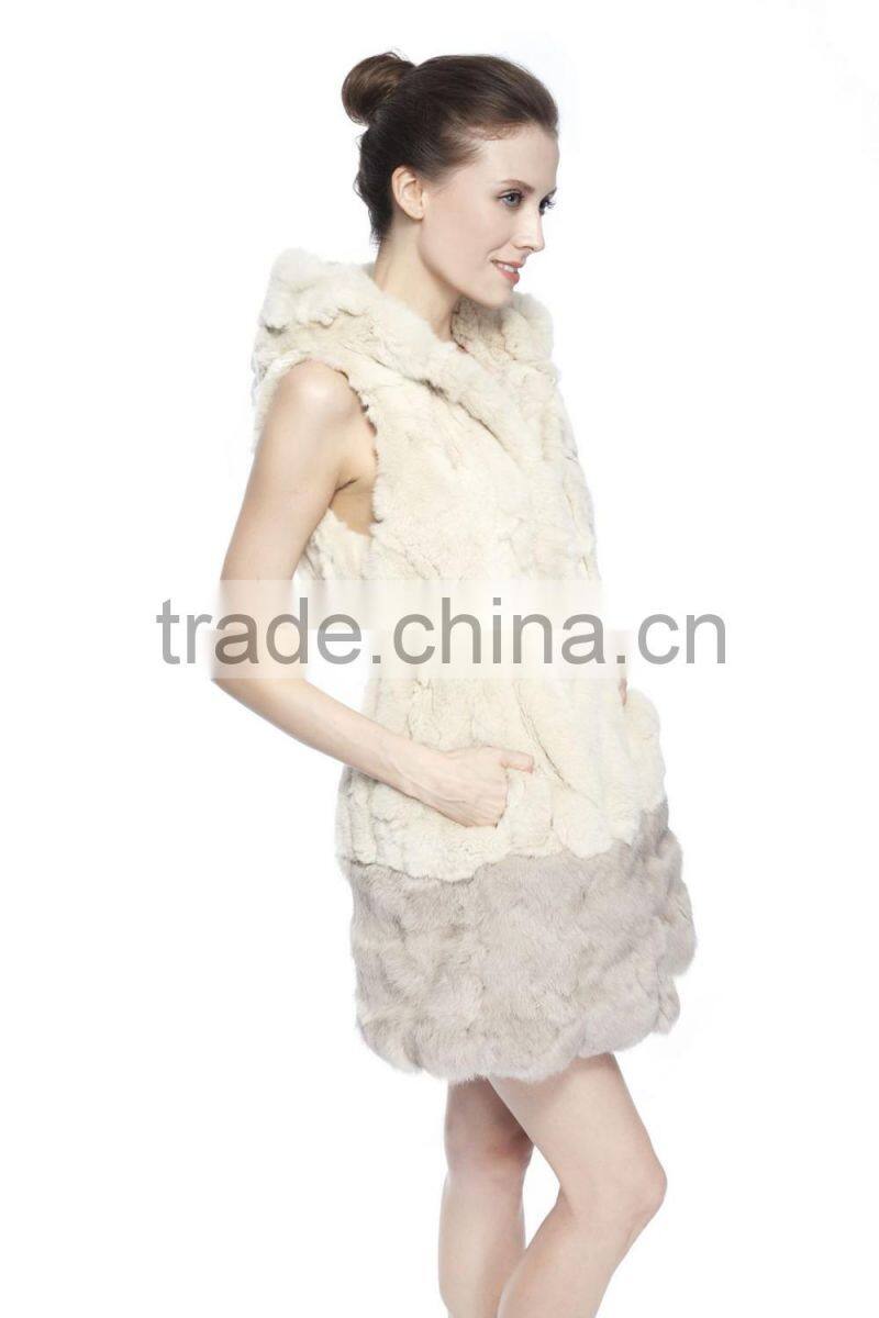 QD70886 Factory Direct Sale New Design Women's Rex Rabbit Fur Vest With Hoody