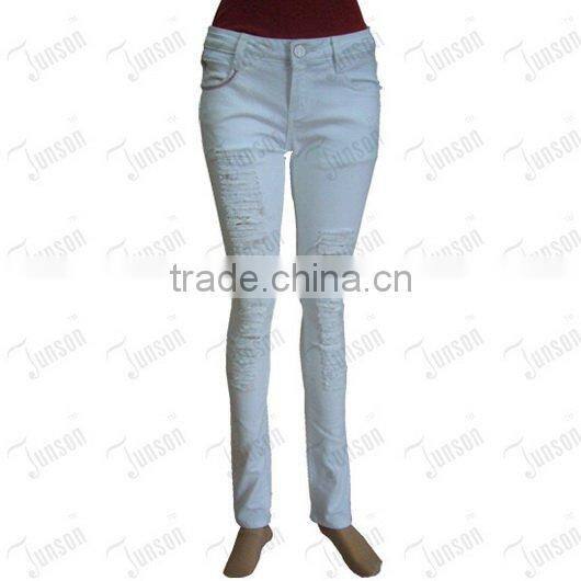 Lady's denim jeans JS-10907# white destory