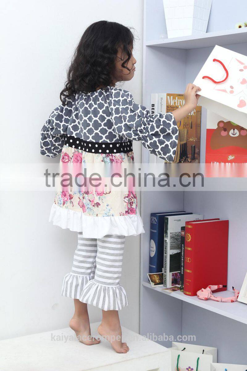 Classical two pieces infant kids clothing gray ruffle striped shorts newborn baby kids gift set hot sell baby girl fall cotton