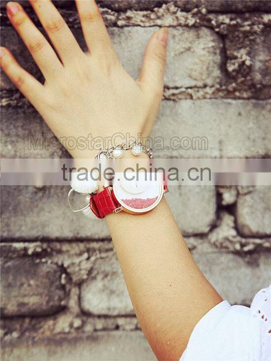 Elegant Women Quicksand Faux Leather Band Bracelet Round Dial Analog Wrist Watch