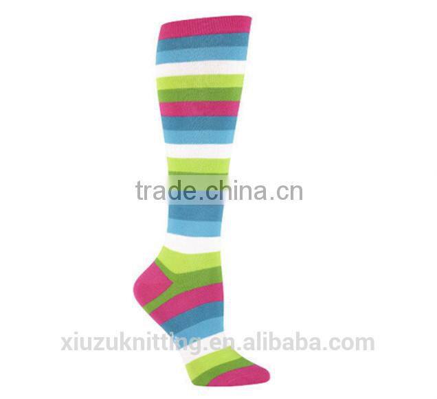 Pink green and blue bright colored stripe knee high socks
