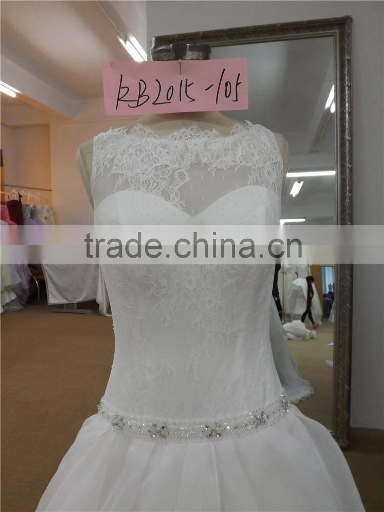 new arrival see-through lace neck layered organza ruffle wedding dress (KB2015-105)