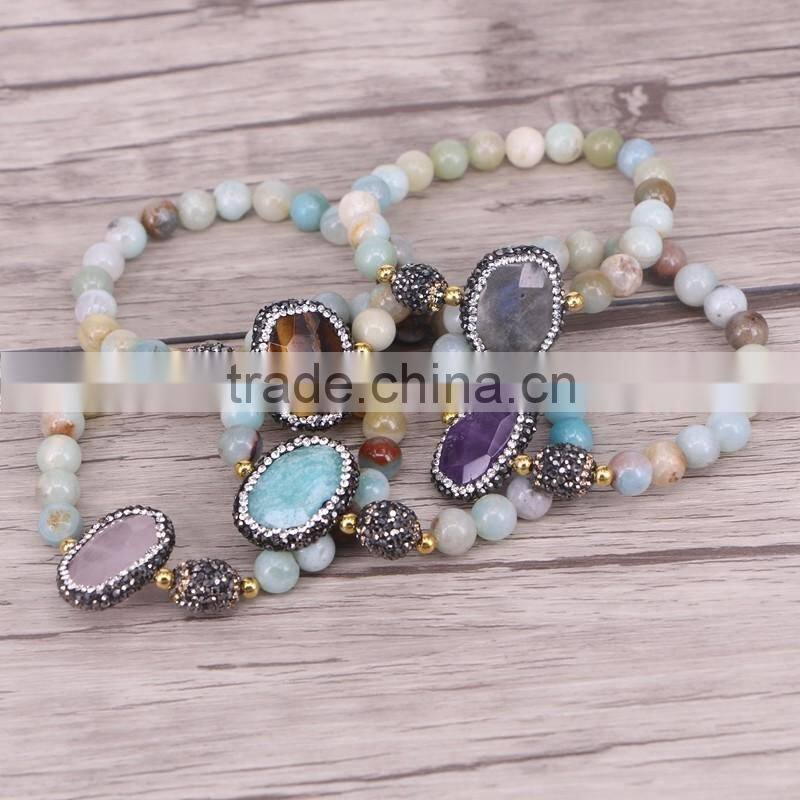 Pave Crystal Assorted Natural Stone Connector Druzy Bracelets, Natural Amazon Stone Beaded Jewelry Bracelets