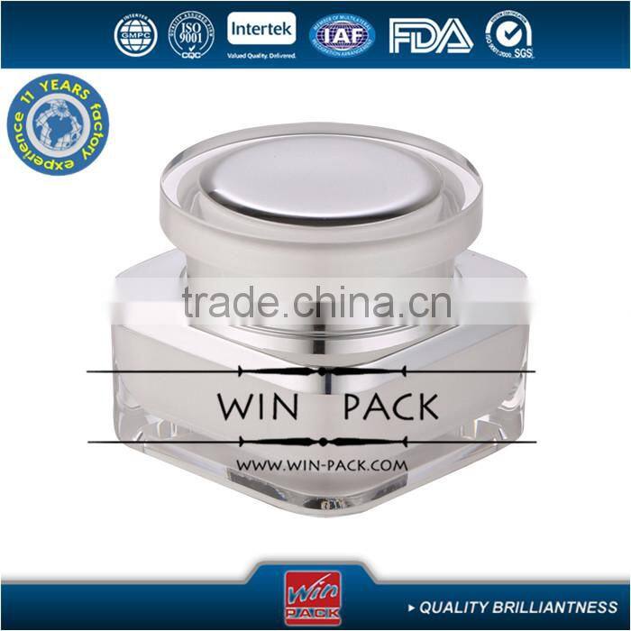 Square acrylic bottle with round cap, luxurious cream jar with aluminum shoulder and cap top