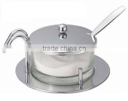 with plastic spoon glass salt & sugar bowl