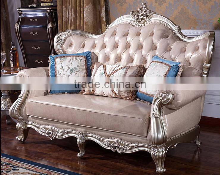 Classic European style living room solid wood magnolia flower hand carving genuine leather sofa set