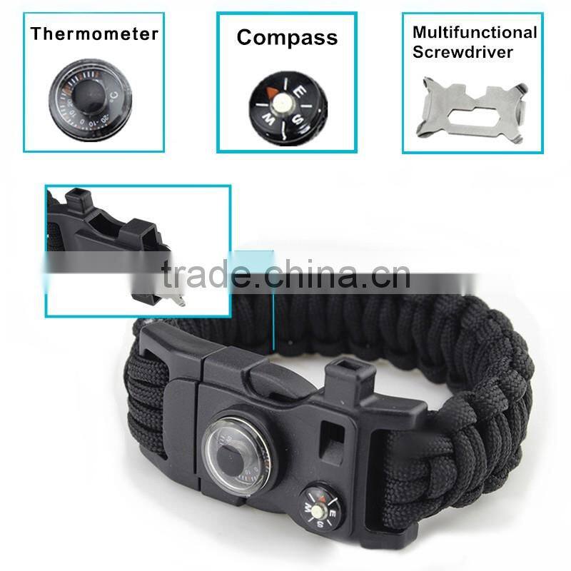 Black multifunctional compass thermometer clasp paracord bracelet