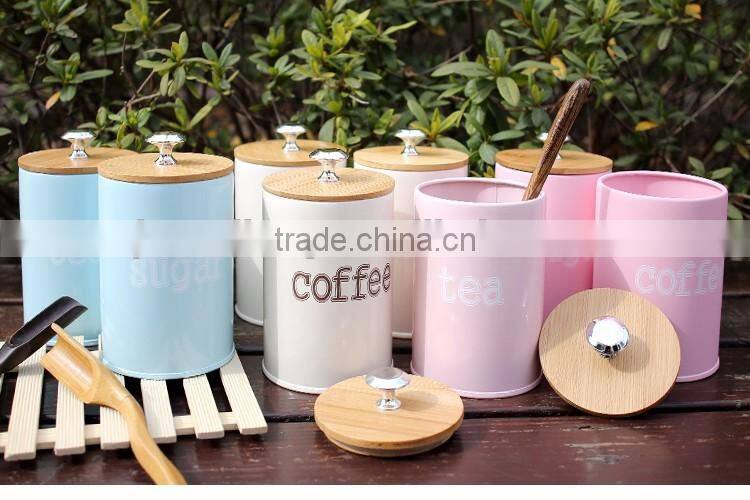 Set of 3 kitchen round metal storage canisters for tea sugar coffee