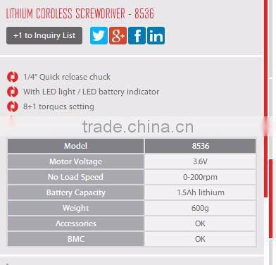 Ronix power tools Cordless screwdriver model 8536 3.6V weight 600g