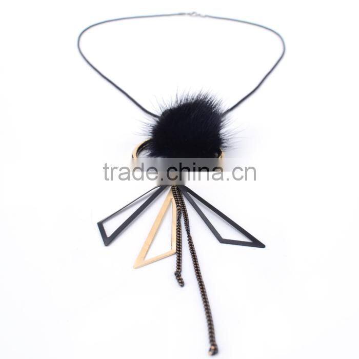 mink fur ball hoop triangle pendant necklace hot selling geometric necklace