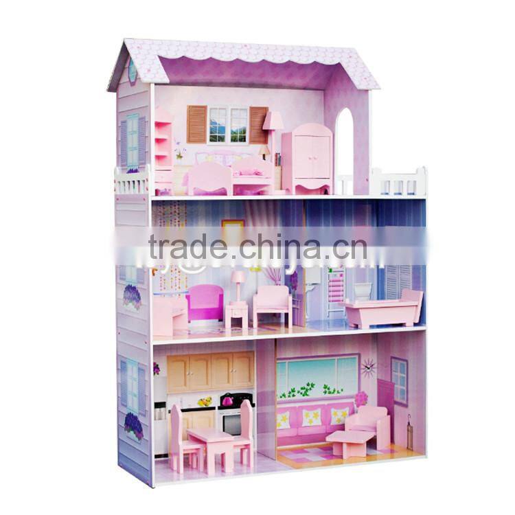 New style 3 floor girls pretend play wooden dollhouse cottage W06A224