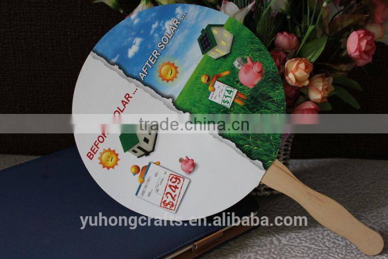 Wood handle paper hand held fan