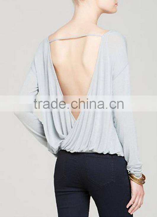 Sexy Women Ladies Crew Neck Backless Casual Long Sleeve Cotton T-Shirt Blouse Tops